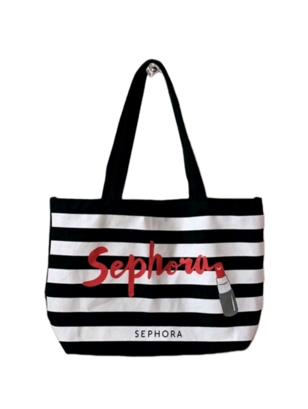 Sephora Black & White Striped Tote with Red Logo and Lip Graphic